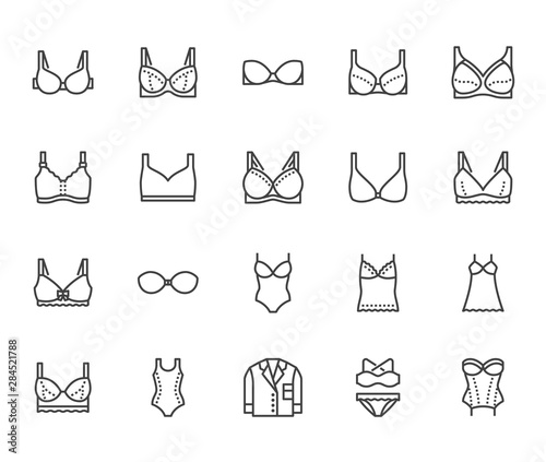 Lingerie flat line icons set. Bras types, woman underwear, maternity bra, chemise, pyjamas, swimwear, corset vector illustrations. Thin signs for clothes store. Pixel perfect 64x64. Editable Strokes