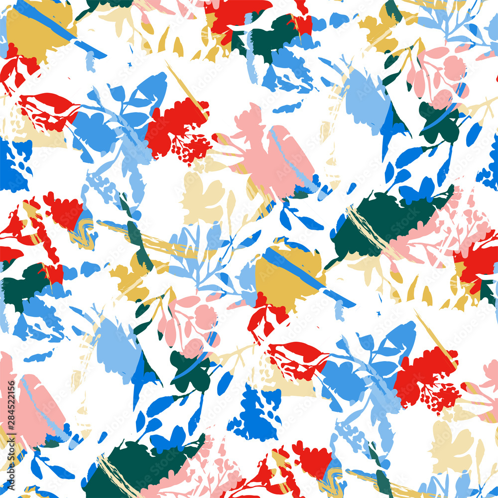 Seamless pattern with colorful flowers and leaves. Peonies, wildflowers, poppies. Abstract floral spring, summer pattern. Bright, juicy background for a wedding, fabrics, packaging.