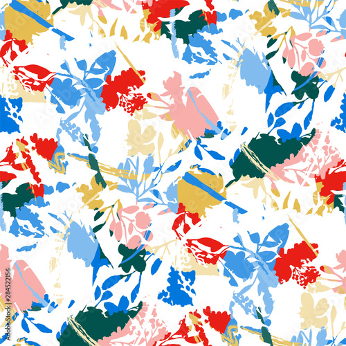 Seamless pattern with colorful flowers and leaves. Peonies  wildflowers  poppies. Abstract floral spring  summer pattern. Bright  juicy background for a wedding  fabrics  packaging.