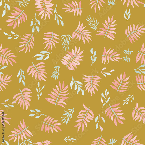 Mustard golden with pink tropical seamless pattern with leaves of plants, made in watercolor style. Botanical, environmental background with different shapes of leaves.