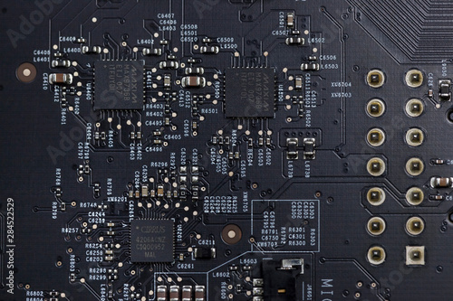 Close up of an electric circuit board. Microelectronics engineering technology