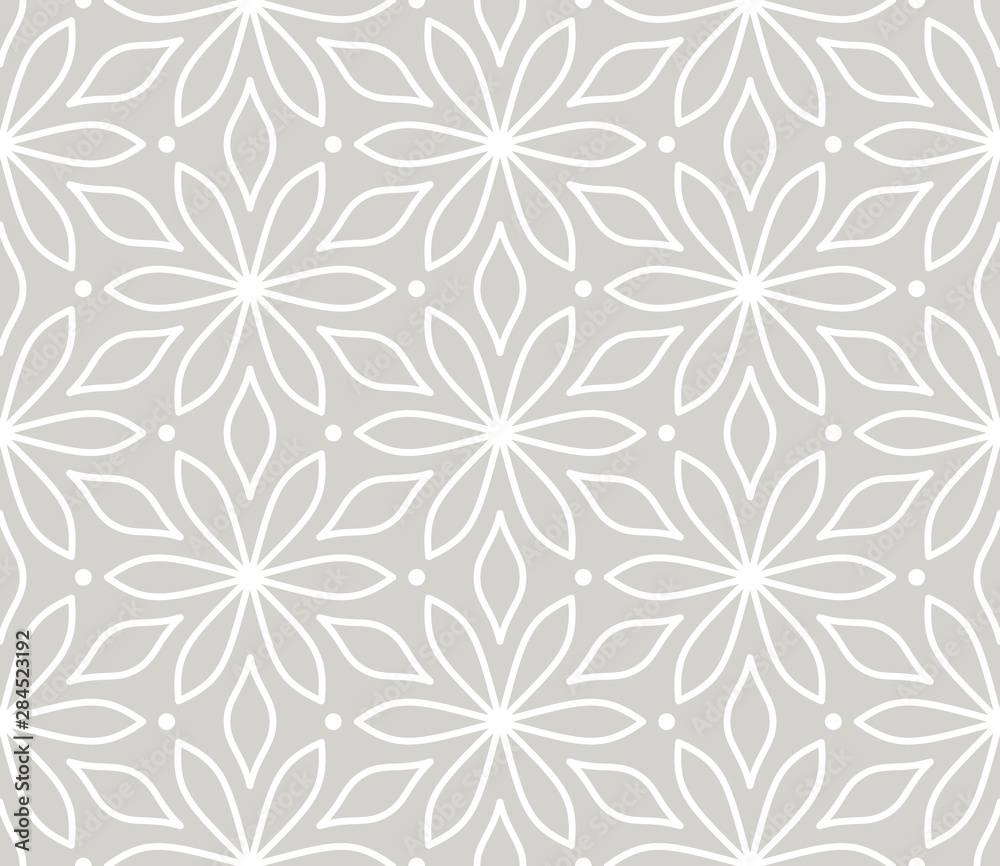 Modern simple geometric vector seamless pattern with white flowers, line texture on grey background. Light gray abstract floral wallpaper, bright tile ornament Modern simple geometric vector seamless pattern with white flowers, line texture on grey background. Light gray abstract floral wallpaper, bright tile ornament