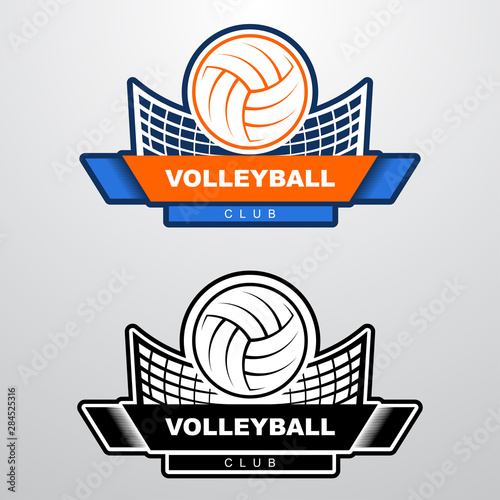 Volleyball logo template with ball flying over the net. Orange and blue sport logo template with flying ball.