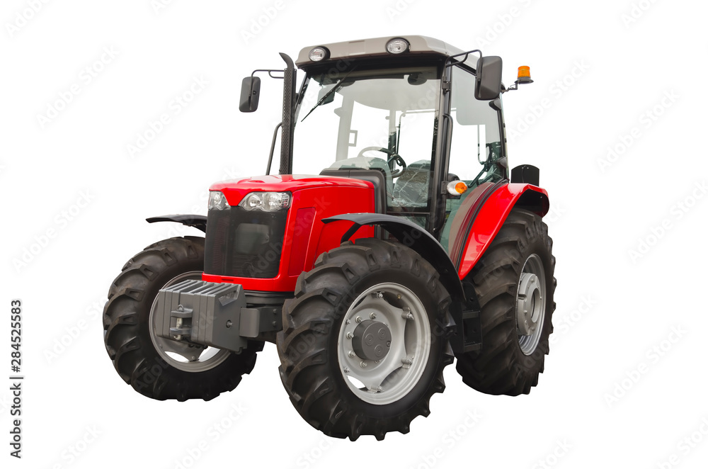 Red agricultural tractor isolated on a white background Red agricultural tractor isolated on a white background