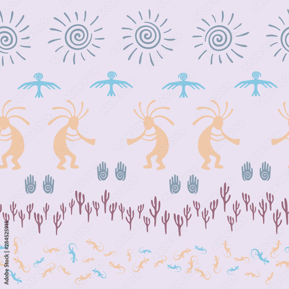 Folk, design with dancing god music spirit, wild nature, spiral signs. Folk, design with dancing god music spirit, wild nature, spiral signs.