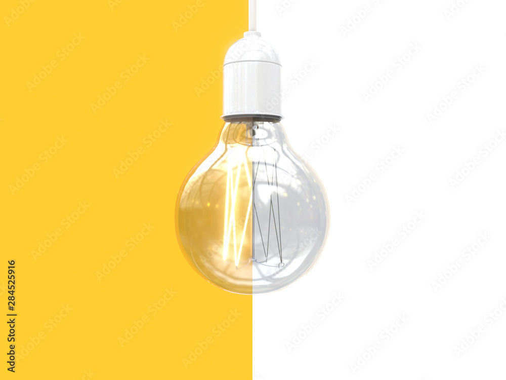 Edison's light bulb on and off. Image of an incandescent lamp divided in half into two parts