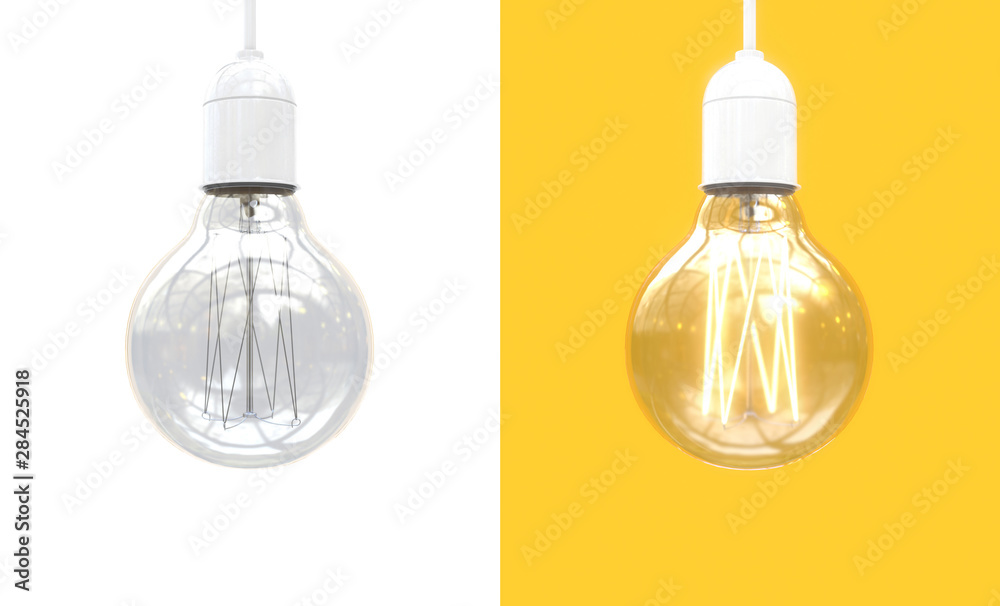 Edison's light bulb on and off. Image of an incandescent lamp divided in half into two parts