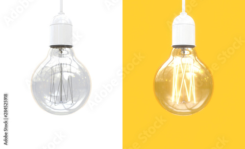 Edison's light bulb on and off. Image of an incandescent lamp divided in half into two parts. Contrast comparison of opposites. Isolated on white and yellow background. 3D rendering.