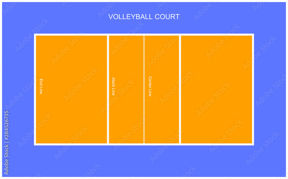 Vector blank volleyball court top view with colorful ground. Blue nad orange sport court. Stock