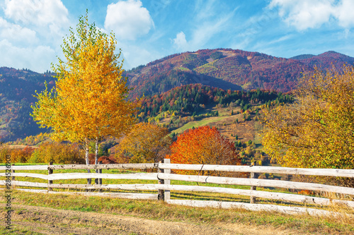 rural area in mountains. beautiful autumn weather on a sunny day. wooden fence along the country road. trees in fall foliage. ridge beneath a sky with clouds in the distance