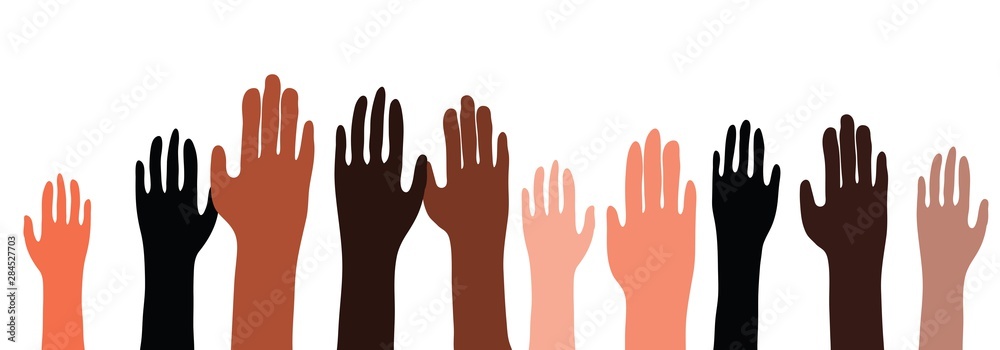 Illustration of multiethnic, multicultural hands raised up. Pattern is seamless horizontally.