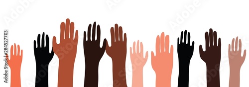 Illustration of multiethnic, multicultural hands raised up. Pattern is seamless horizontally.