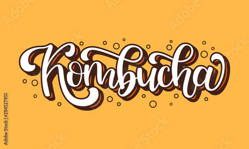 Kombucha hand drawn vector logo. Illustration with brush lettering typography and bubbles isolated on orange background. Kombucha fermented tea logotype concept for bottle, banner, emblem, sticker