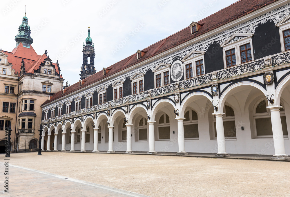 Columns in the courtyard of the Procesion Del Principe building in Dresden, Germany