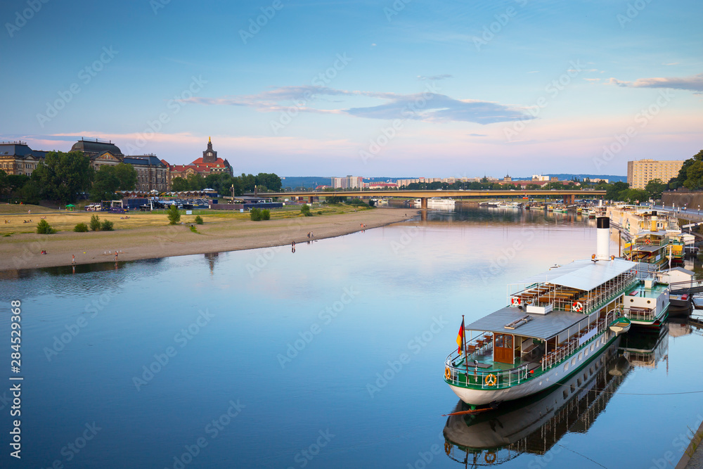 Tourist boats on the Elbe River in the old town of Dresden
