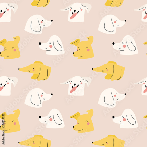 Seamless pattern with cute Dogs. Vector texture with Dog s heads. Hand drawn doggy background.