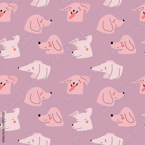 Seamless pattern with cute Dogs. Vector texture with Dog's heads. Hand drawn doggy background.