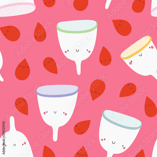 Cute seamless pattern with Menstrual Cups and Blood Drops. Healthy menstrual cycle vector texture. Positive period background.