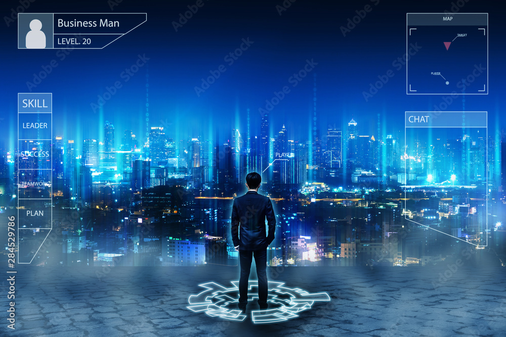 Business man with game online interface and network city