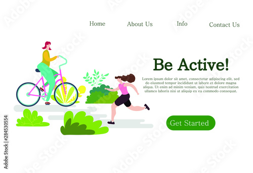 Sport Training Outdoors. Be Active and Healthy Vector Illustration. Cartoon Girl Cycling, Running, Ride Bicycle. Meditation Yoga Sport Exersice. Park Tree Nature.