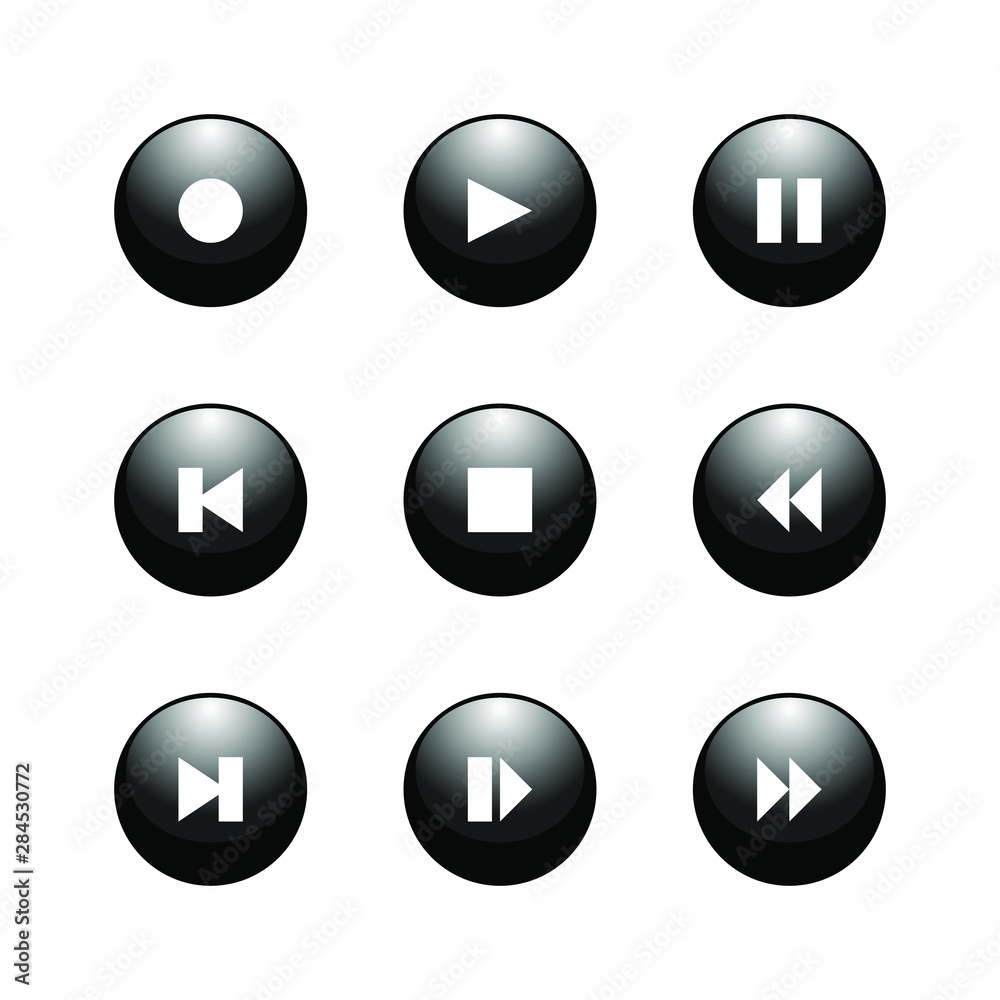 Play buttons vector design. Record player glass buttons Play buttons vector design. Record player glass buttons