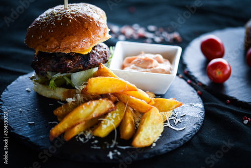 home made burger with french fries