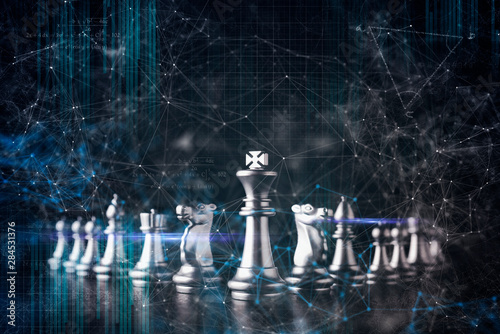 chess board business creative strategy ideas concept double exposure with virtual technology infographic design screen