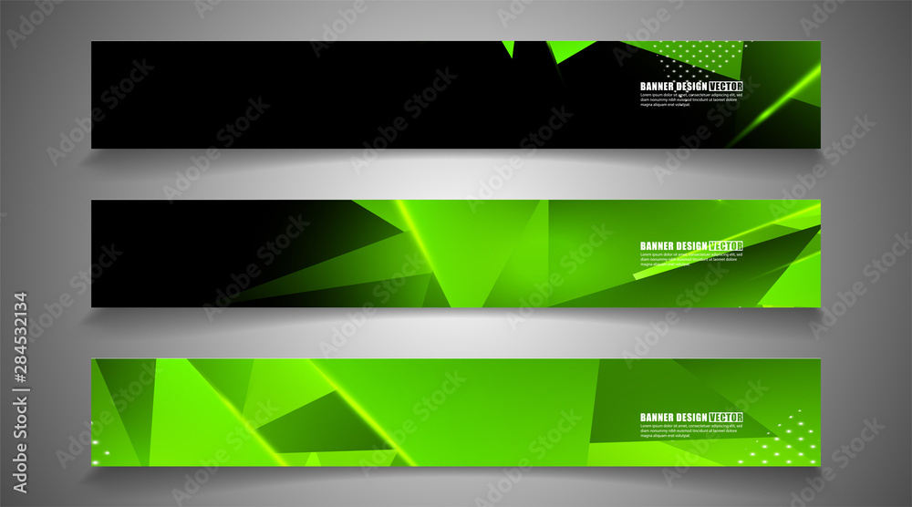 Fototapeta premium set the triangle background light header banner. Abstract composition of 3D triangles. Modern geometric green backgrounds isolated black