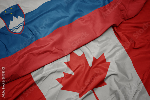 waving colorful flag of canada and national flag of slovenia.