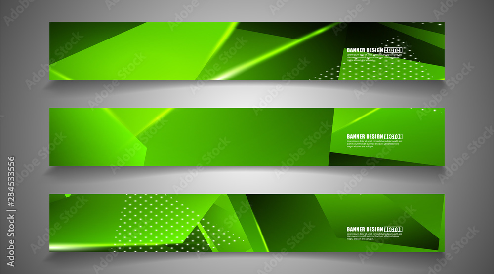 Fototapeta premium set the triangle background light header banner. Abstract composition of 3D triangles. Modern geometric green backgrounds isolated black