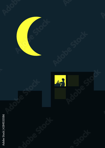 A silhoutte working late night in an apartment when the moon is rising