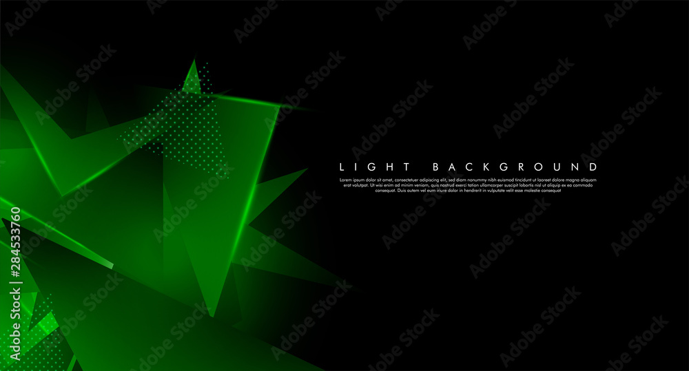 Triangular background. Abstract composition of 3D triangles. The geometric background of modern green is insulated black