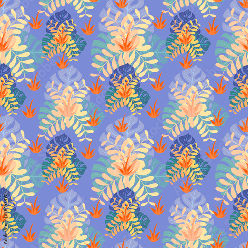 Abstract floral seamless pattern with monstera, acacia and agave. Vector illustration. © Alisa