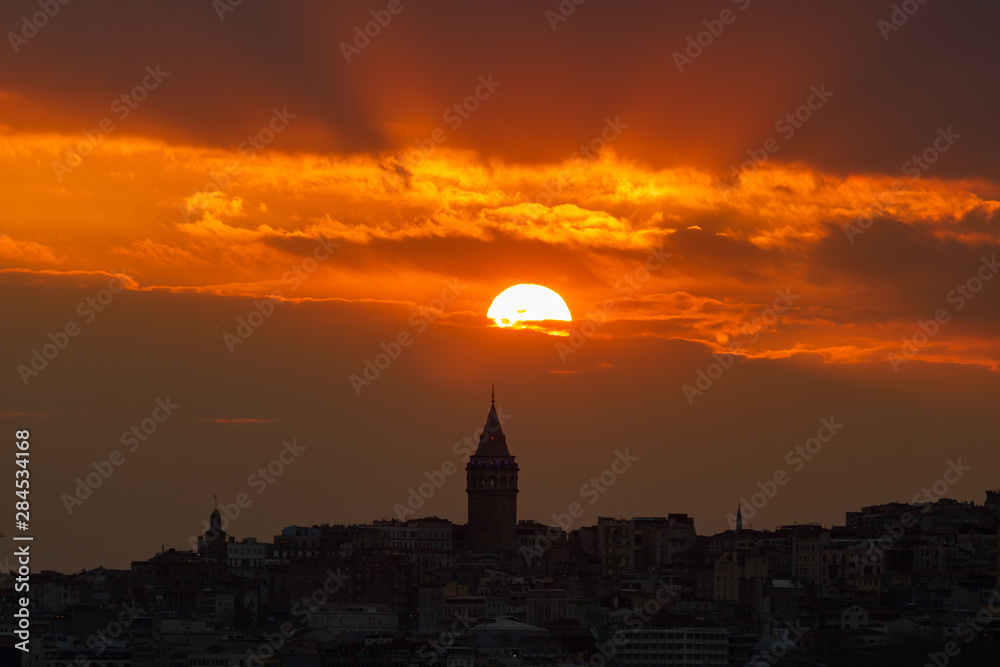 silhouette of galata tower at sunset in Istanbul