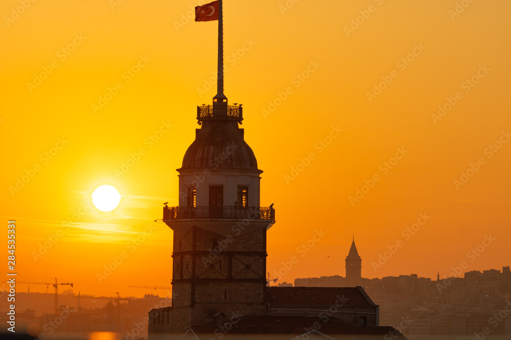 maiden's tower and galata tower at sunset in Istanbul