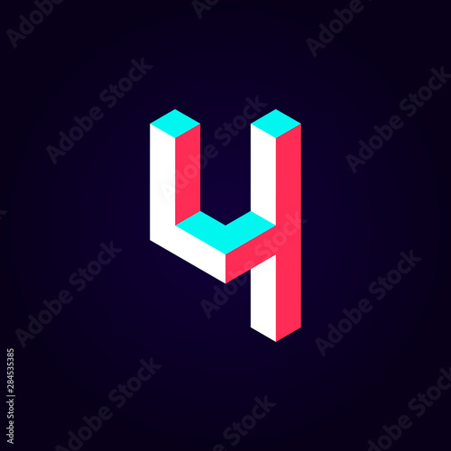 2.5d stylized blue red solid isometric number vector on dark background, modular geometric cube font with tik tok contrast color block, digital design for web & print, number four 4 symbol typography