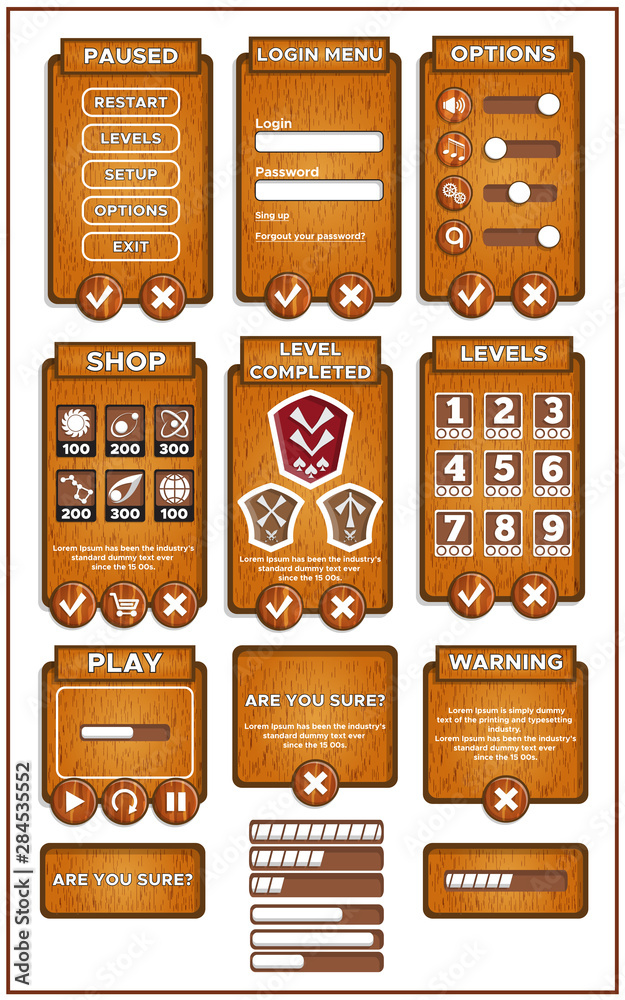 Design of the game user interface. A set of items. Wood texture ...