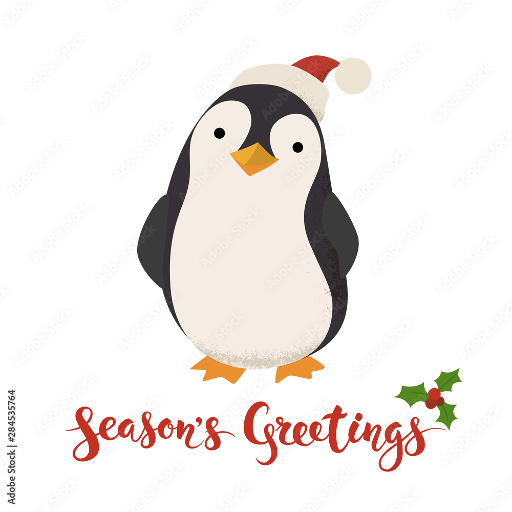 Fototapeta premium Season's Greetings vector card with funny Christmas penguin