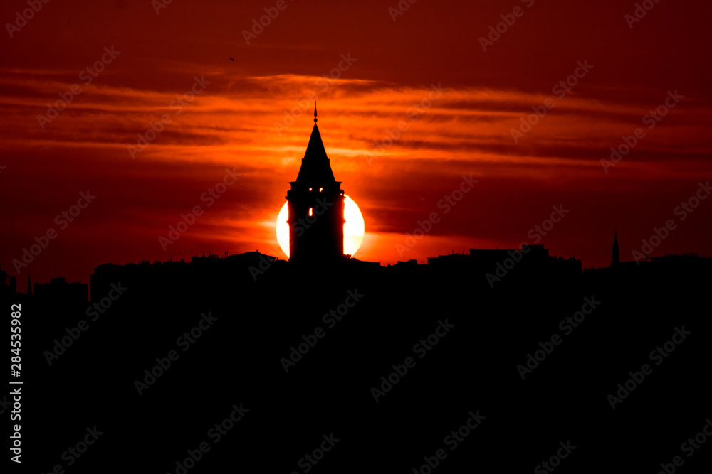 silhouette of galata tower at sunset in Istanbul silhouette of galata tower at sunset in Istanbul