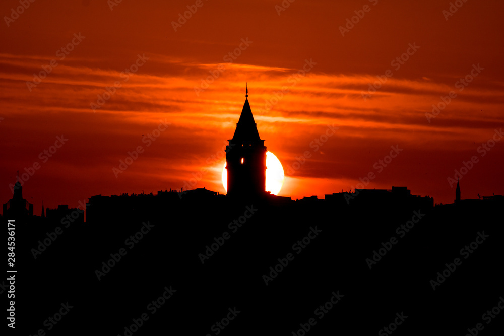 silhouette of galata tower at sunset in Istanbul