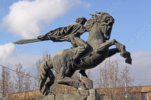 An equestrian statue of Andranik near the Saint Gregory Cathedral in central Yerevan, Armenia photo