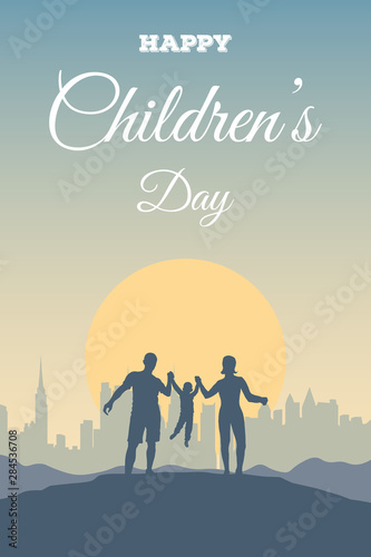 Greeting card for Happy Children’s Day. Young family outdoors. Dad, mom and boy on a background of a sun and city landscape. Silhouettes of people - parents and child. © Василий Солдатов