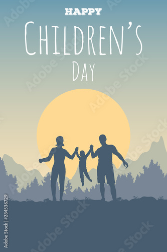 Greeting card for Happy Children Day. Young family outdoors. Dad, mom and boy on a background of a sun, forest and mountain landscape. Silhouettes of people - parents and child. © Василий Солдатов