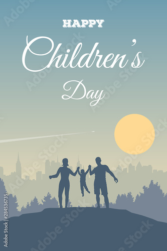 Greeting card for Happy Children’s Day. Young family outdoors. Father, mother and boy on a background of a sun, forest and city landscape. Silhouettes of people - parents and child.