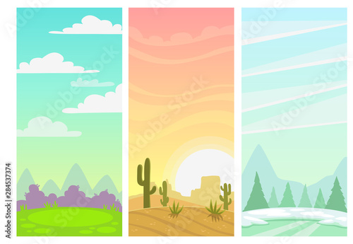 Set of cartoon simple nature vertical landscapes.