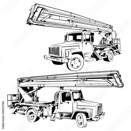 truck aerial platform black and white vector illustration