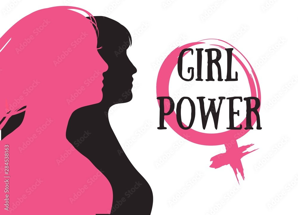 Girl power  banner with women's silhouettes and feminism emblem.