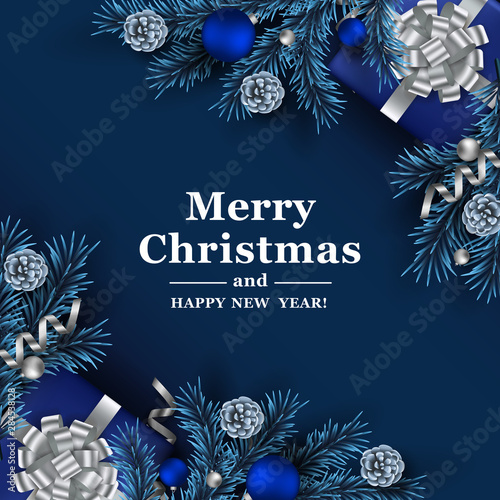 Christmas blue background with realistic fir branches, pine cones and balls. Vector top view illustration. 