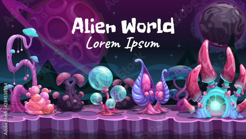 Fantasy cartoon alien world landscape. Vector magic illustration