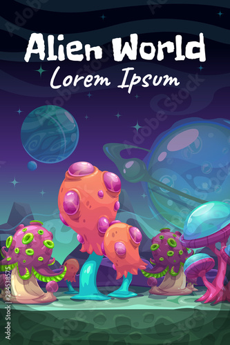 Fantasy cartoon alien world landscape. Vector magic planet illustration.